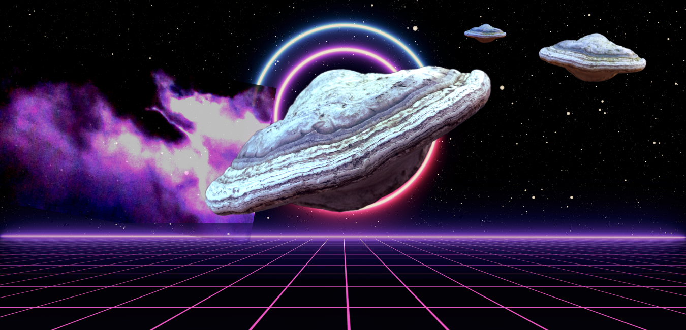 Agarikon mushroom flying through retro neon style space